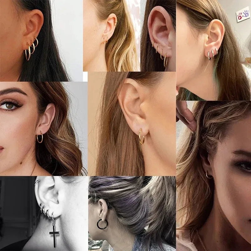 Men's Simple Hoops Earrings Black Color Stainless Steel Clip Earring for Men Women Rock Hiphop Circle Ear Piercing Jewelry