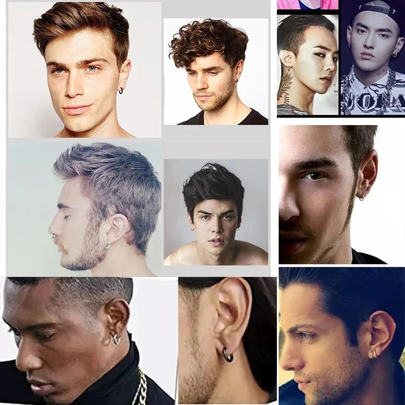 Men's Simple Hoops Earrings Black Color Stainless Steel Clip Earring for Men Women Rock Hiphop Circle Ear Piercing Jewelry