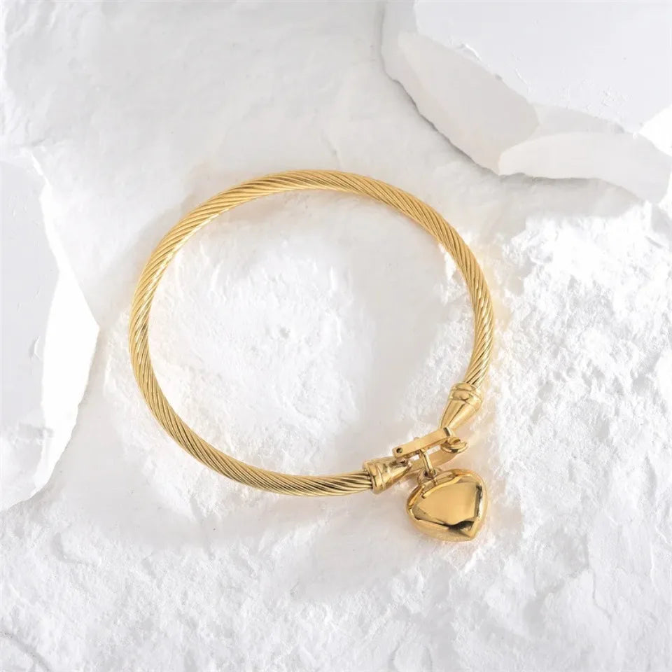 Stainless Steel Heart Pendant Charm Bangle Bracelets for Men Women
