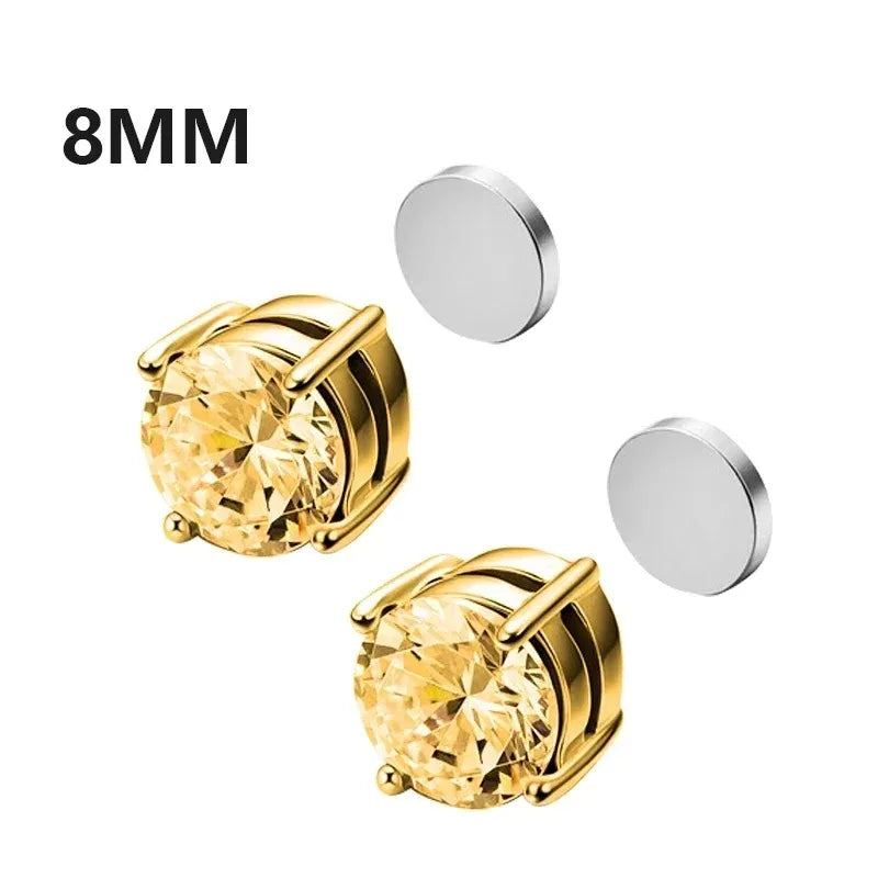 Crystal Strong Magnetic Ear Stud Clip Earrings for Men Women, Punk Round Zircon Magnet Earrings Non Piercing Ear Jewelry