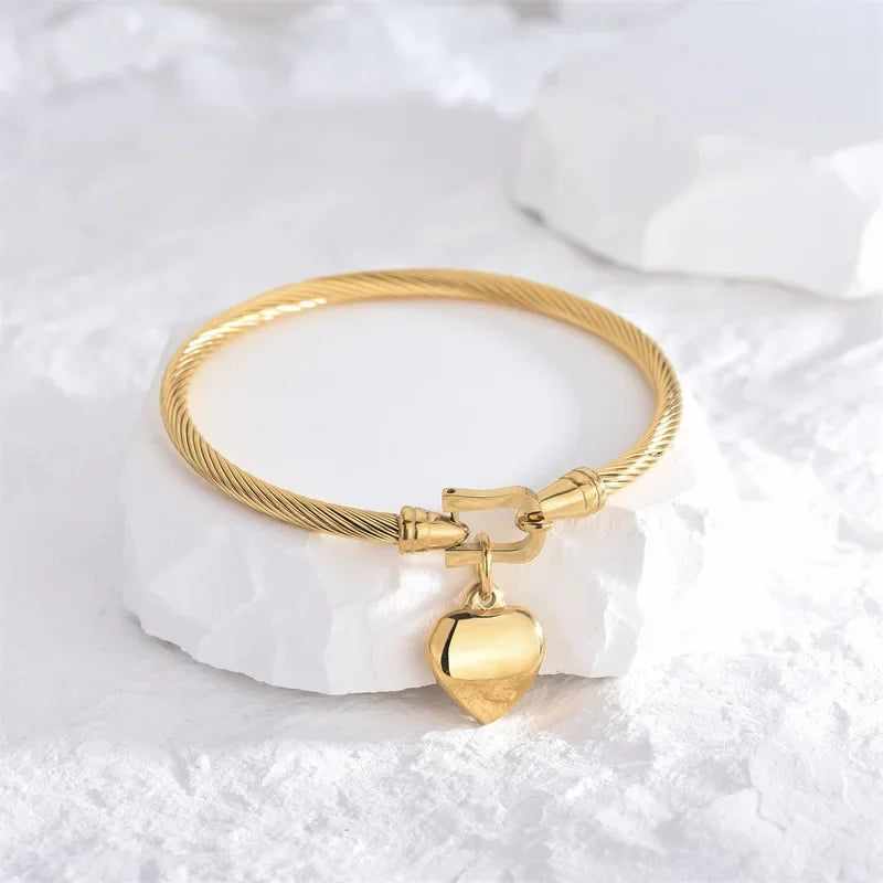 Stainless Steel Heart Pendant Charm Bangle Bracelets for Men Women