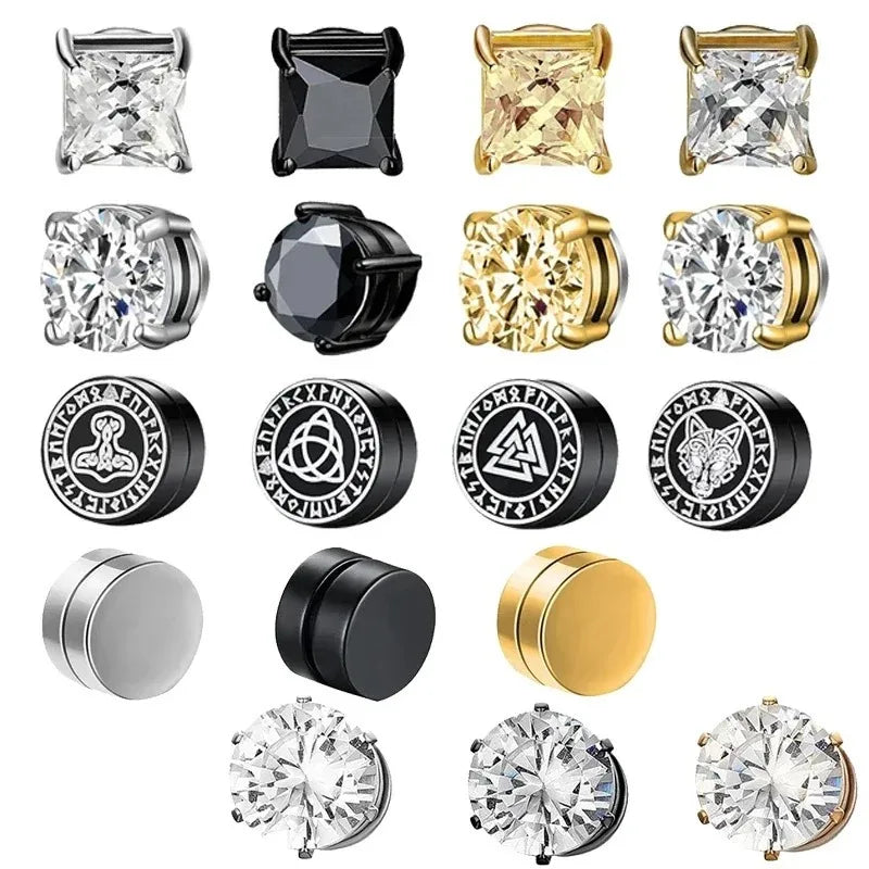 Crystal Strong Magnetic Ear Stud Clip Earrings for Men Women, Punk Round Zircon Magnet Earrings Non Piercing Ear Jewelry