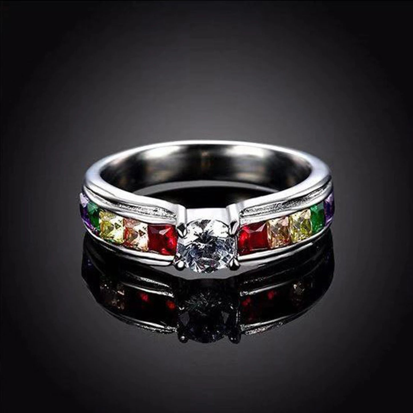 Sterling Silver Color Rainbow Cubic Zircon Rings For Women Wedding Lovely Engagement Proposal Ring Accessory