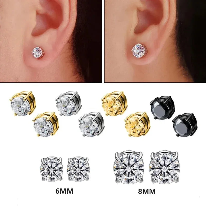 Crystal Strong Magnetic Ear Stud Clip Earrings for Men Women, Punk Round Zircon Magnet Earrings Non Piercing Ear Jewelry
