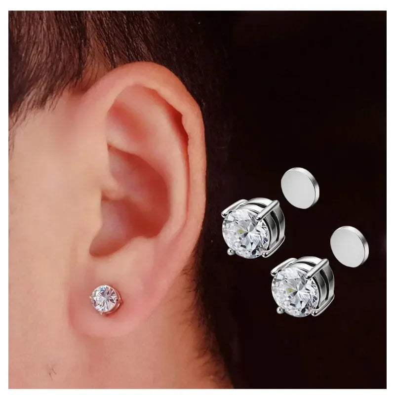 Crystal Strong Magnetic Ear Stud Clip Earrings for Men Women, Punk Round Zircon Magnet Earrings Non Piercing Ear Jewelry