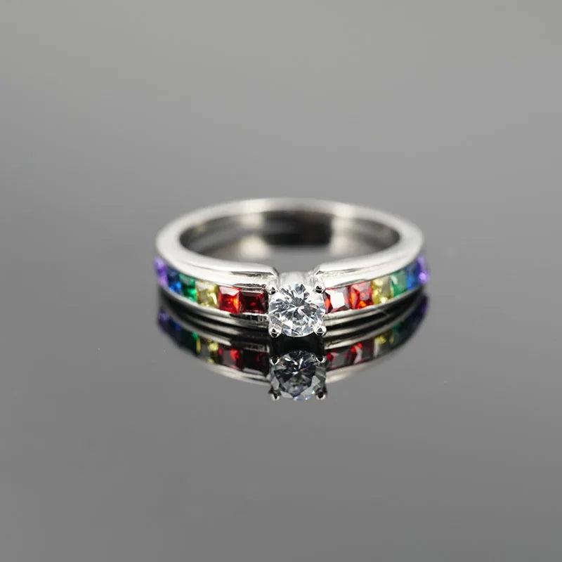 Sterling Silver Color Rainbow Cubic Zircon Rings For Women Wedding Lovely Engagement Proposal Ring Accessory