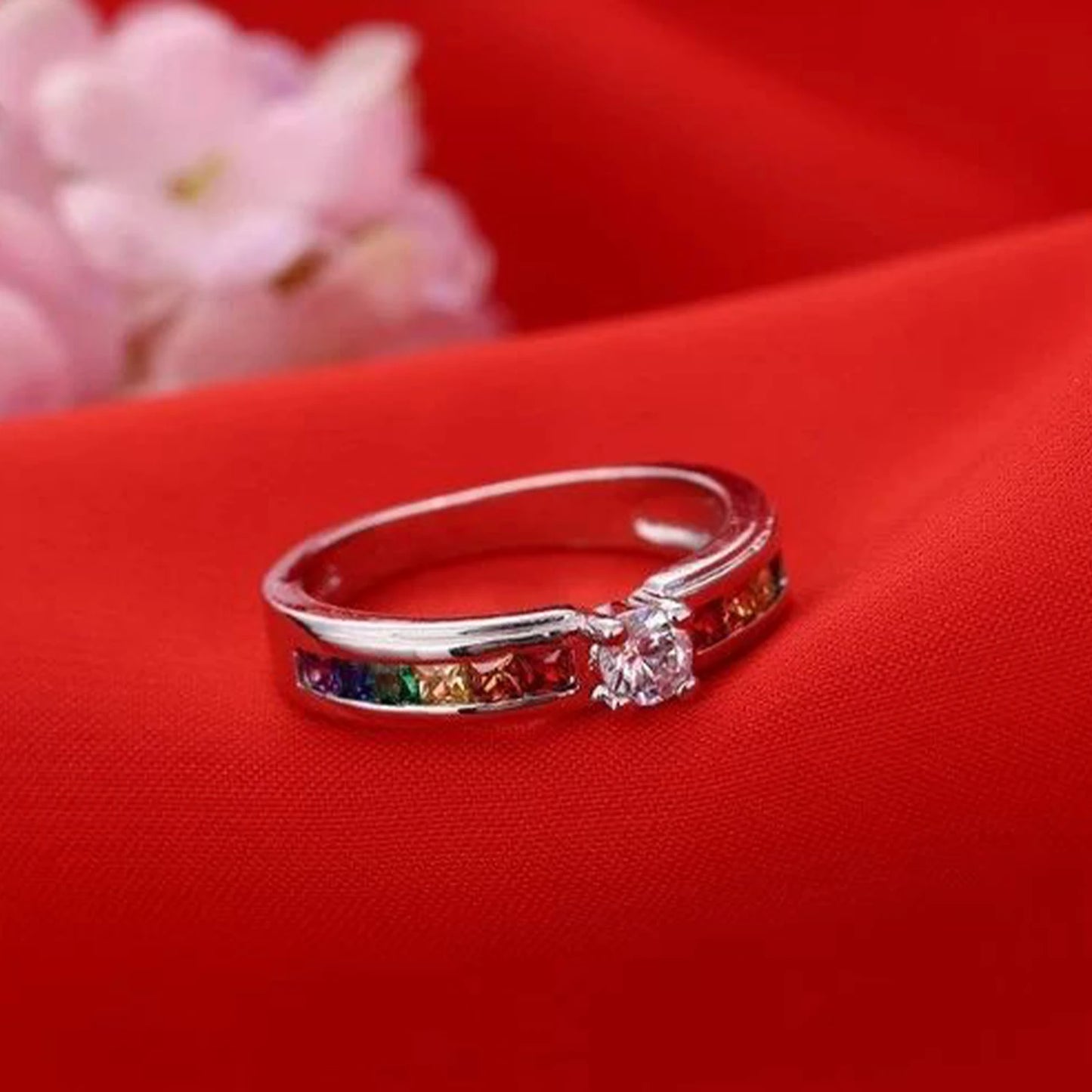 Sterling Silver Color Rainbow Cubic Zircon Rings For Women Wedding Lovely Engagement Proposal Ring Accessory