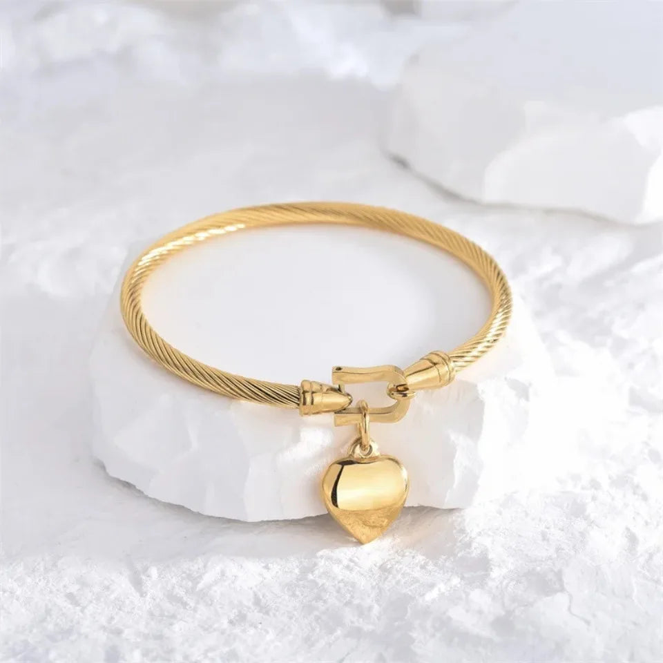 Stainless Steel Heart Pendant Charm Bangle Bracelets for Men Women