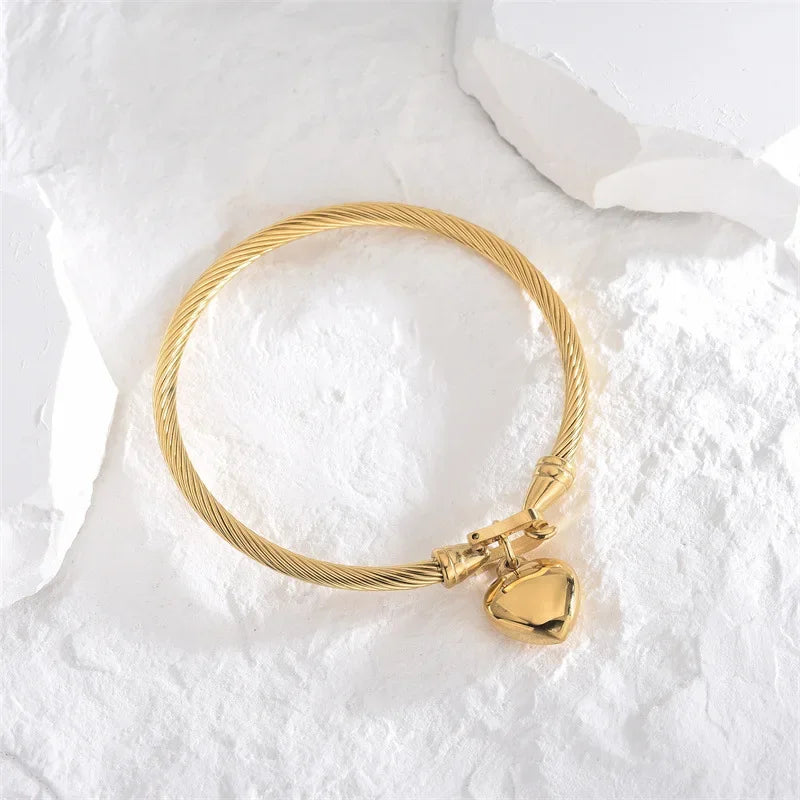 Stainless Steel Heart Pendant Charm Bangle Bracelets for Men Women