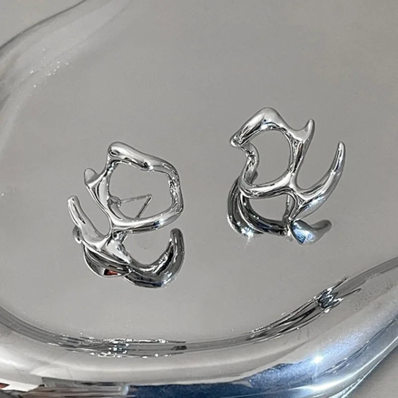 Liquid Earrings for Women Silver Color Hip-Hop Punk Fashion Geometric Earring Clip Girl 2024 Trendy Party Jewelry