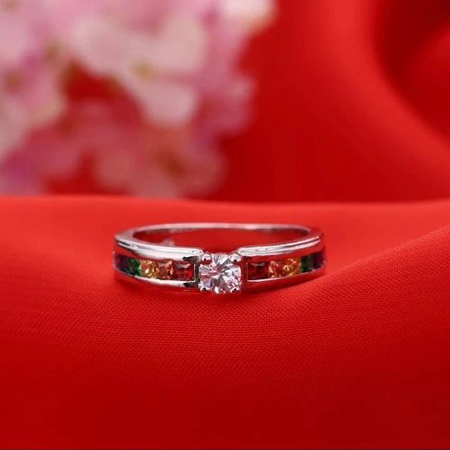 Sterling Silver Color Rainbow Cubic Zircon Rings For Women Wedding Lovely Engagement Proposal Ring Accessory