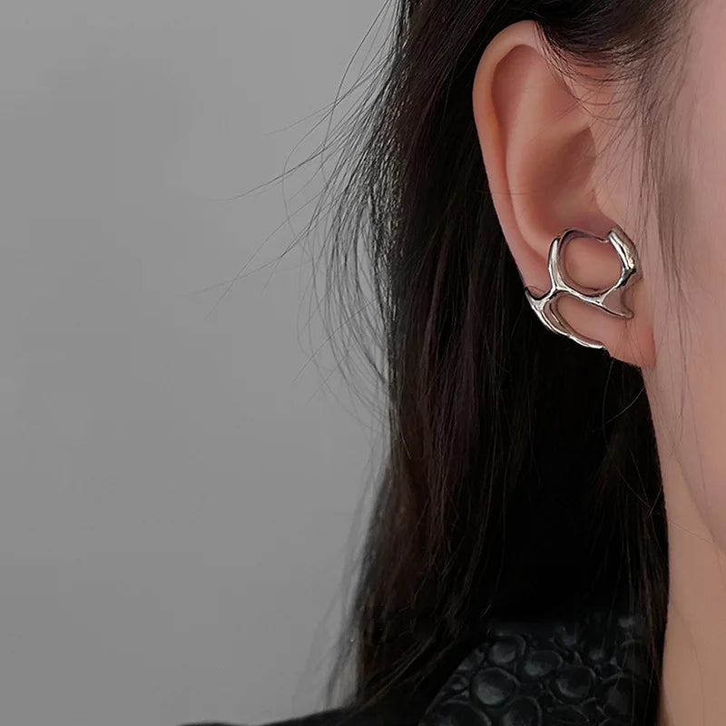 Liquid Earrings for Women Silver Color Hip-Hop Punk Fashion Geometric Earring Clip Girl 2024 Trendy Party Jewelry