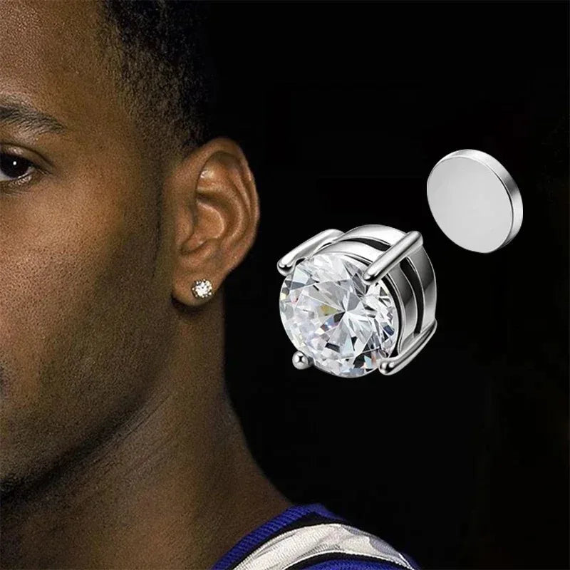 Crystal Strong Magnetic Ear Stud Clip Earrings for Men Women, Punk Round Zircon Magnet Earrings Non Piercing Ear Jewelry