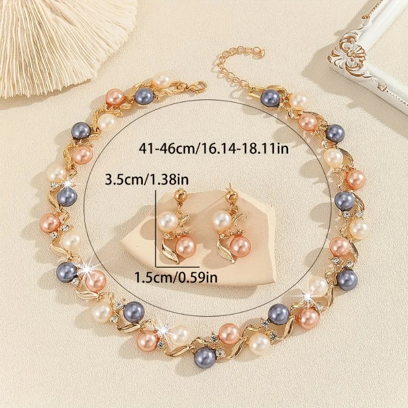 Luxury Elegant Pearl Necklace Rhinestone Metal Colorful Pearl Necklace Leaf Women Jewelry Necklace Earrings Set Gifts
