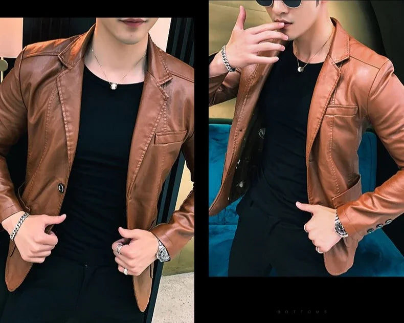 Blazer and Jacket Style Male Leather Blazer Single Breasted Spring Clothes Men's Suit Jackets