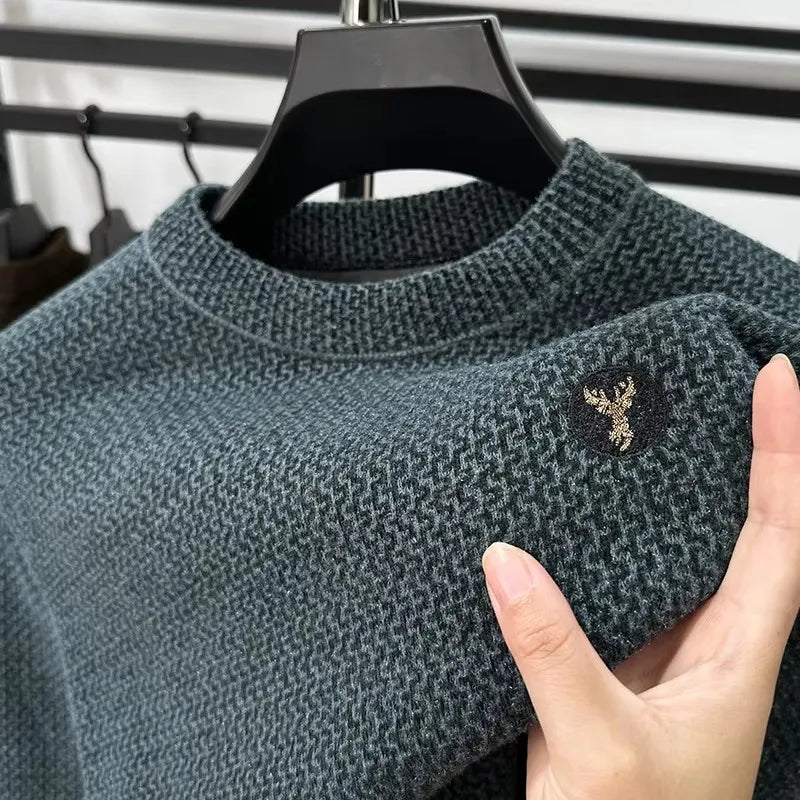 High-end Designer 2024 New Autumn Winter Men's Embroidery Sweater Thickening Fashion Round Neck Plush Velvet Knitwear Pullover