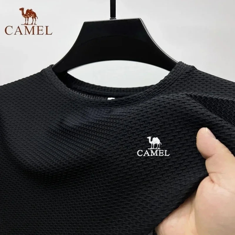 High End Embroidered CAMEL Ice Silk Mesh Short Sleeved T-shirt for Men's Summer Fashion Casual Breathable Short Sleeved Polo Top