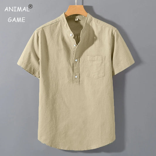 Summer Stand Up Collar T Shirts Solid Color Short Sleeve Cotton Shirt Trendy Breathable Loose Youth Basic Pocket Top