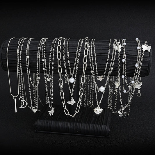 13Pcs/Set Simple Temperament Necklace Set Butterfly Pearl Heart Star Zircon Silver Color Necklace for Women Fashion Jewelry Gift