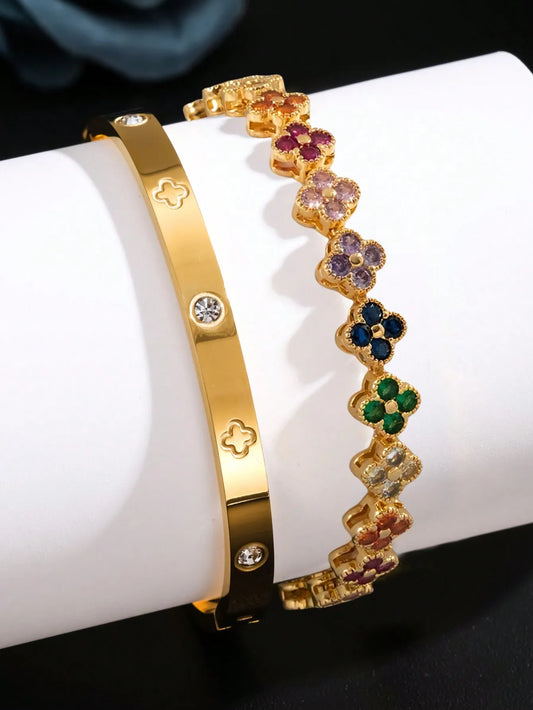Clover Women Bracelet High Quality Stainless Steel Morandi Colors Shining Zircon Inlaid Charm Jewelry Gift