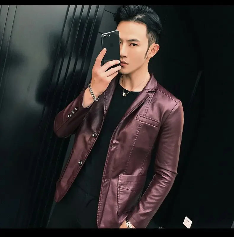 Blazer and Jacket Style Male Leather Blazer Single Breasted Spring Clothes Men's Suit Jackets