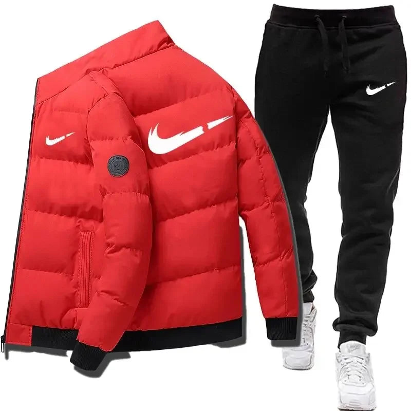 2024 Winter Casual Men's Warm Jacket Set Letter Printed Fashion Jacket + Sweatpants 2-piece Set