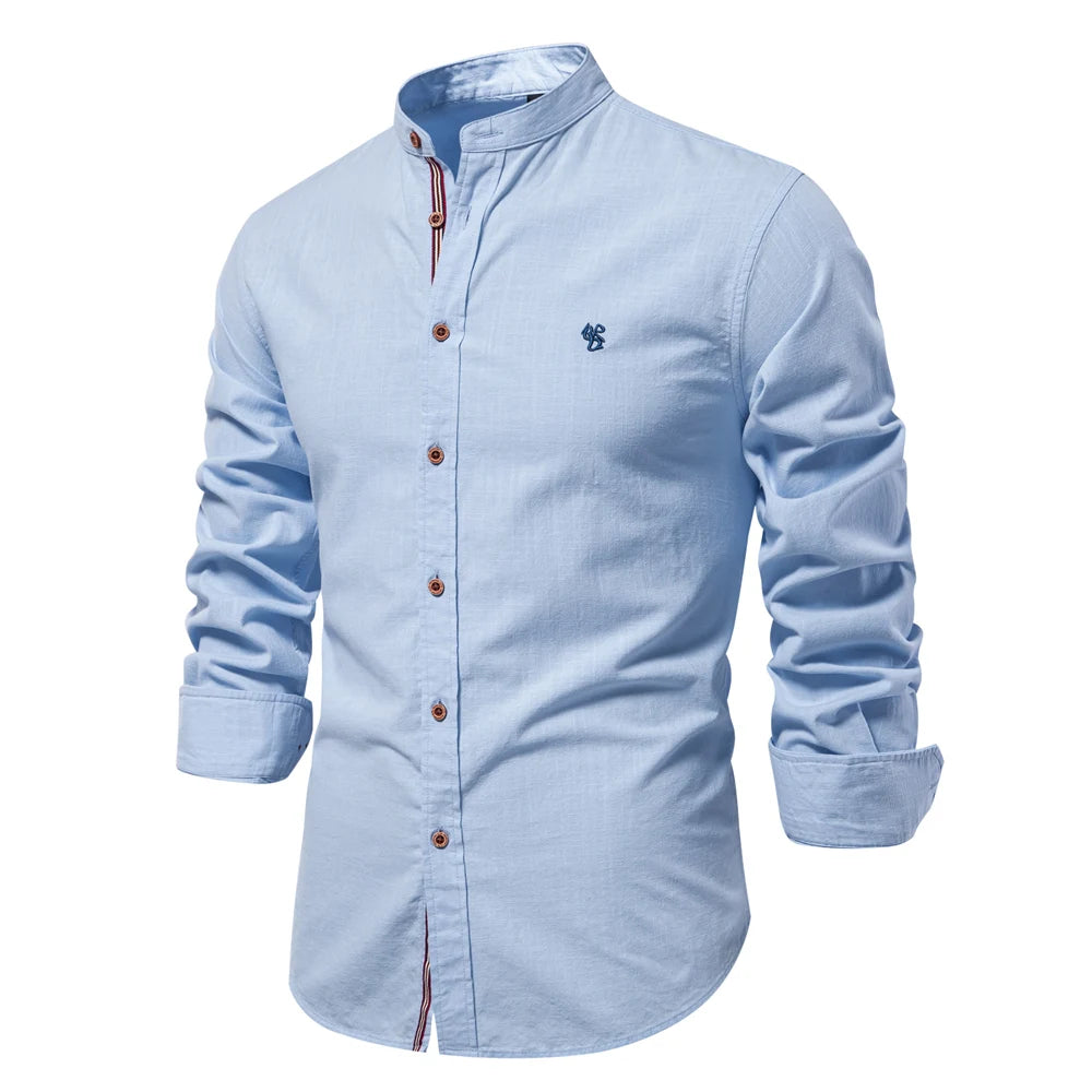 Cotton Social Shirt Men Solid Color Long Sleeve