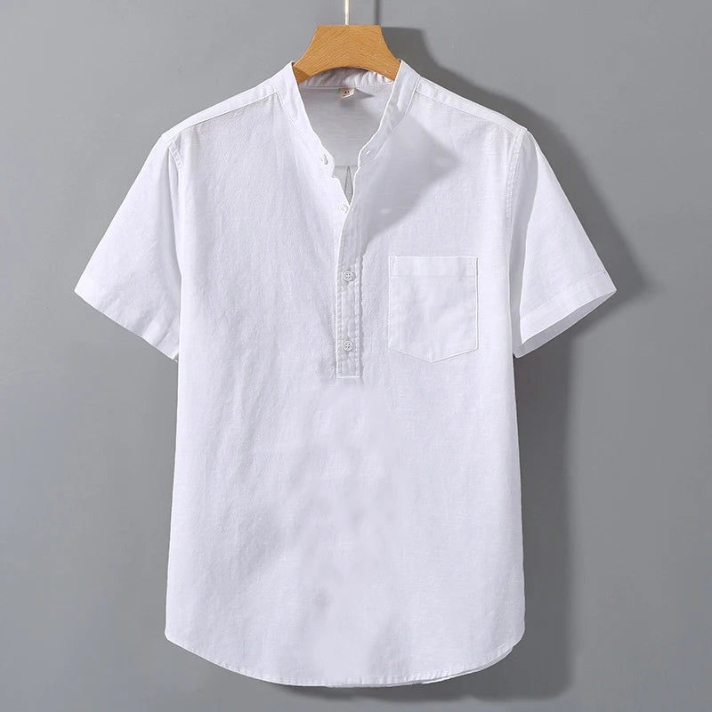 Summer Stand Up Collar T Shirts Solid Color Short Sleeve Cotton Shirt Trendy Breathable Loose Youth Basic Pocket Top