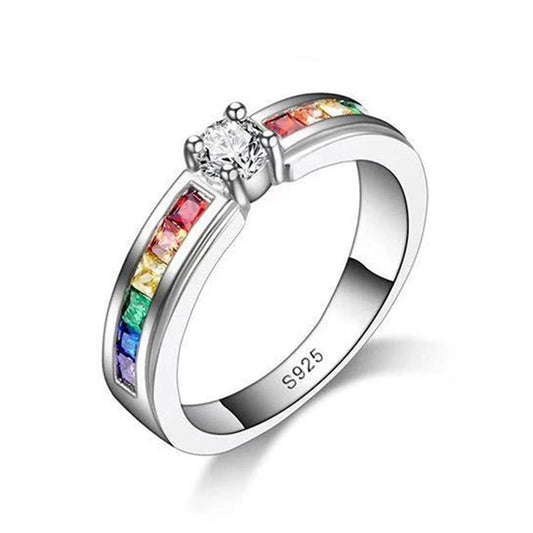 Sterling Silver Color Rainbow Cubic Zircon Rings For Women Wedding Lovely Engagement Proposal Ring Accessory