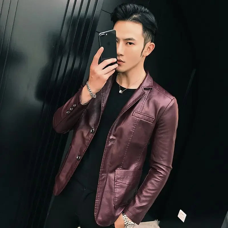 Blazer and Jacket Style Male Leather Blazer Single Breasted Spring Clothes Men's Suit Jackets