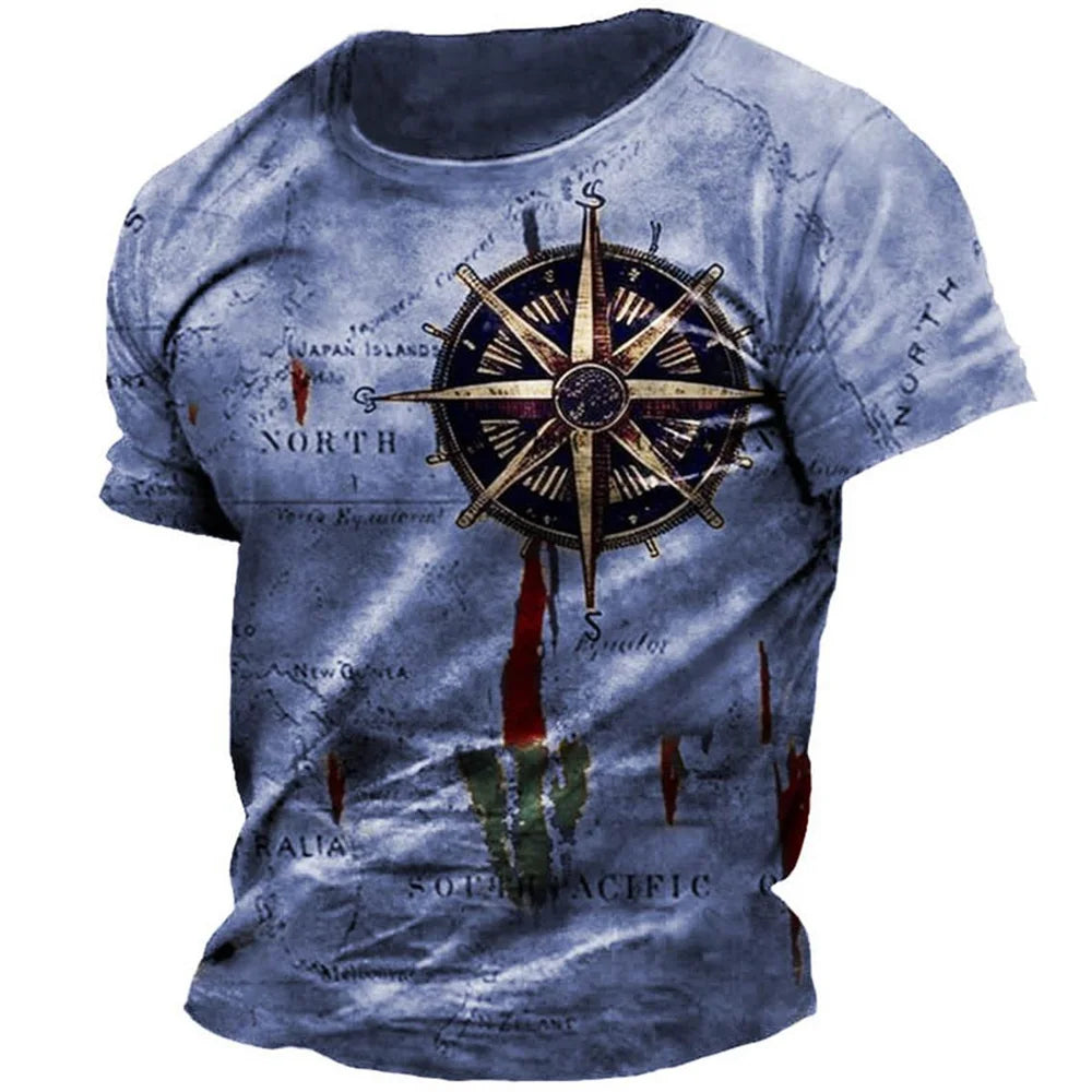 Men's Vintage Nautical Map Compass Print T-Shirt Summer Daily Loose Short Sleeve Male Tops Casual Tees Unisex Clothing Apparel