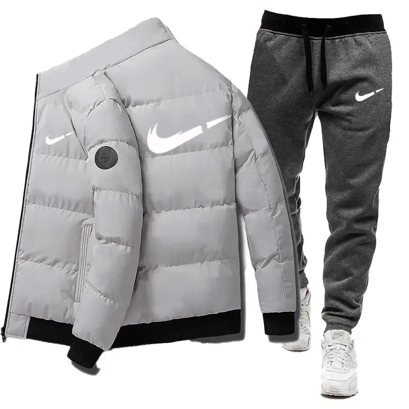 2024 Winter Casual Men's Warm Jacket Set Letter Printed Fashion Jacket + Sweatpants 2-piece Set