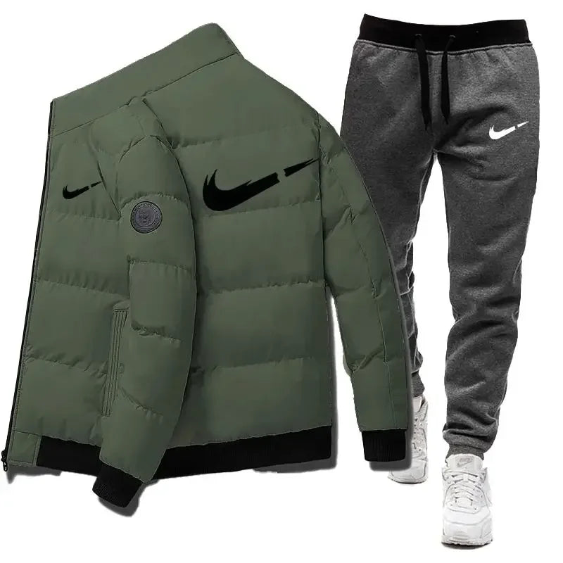 2024 Winter Casual Men's Warm Jacket Set Letter Printed Fashion Jacket + Sweatpants 2-piece Set