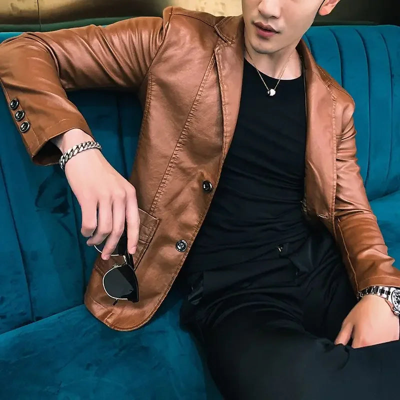 Blazer and Jacket Style Male Leather Blazer Single Breasted Spring Clothes Men's Suit Jackets