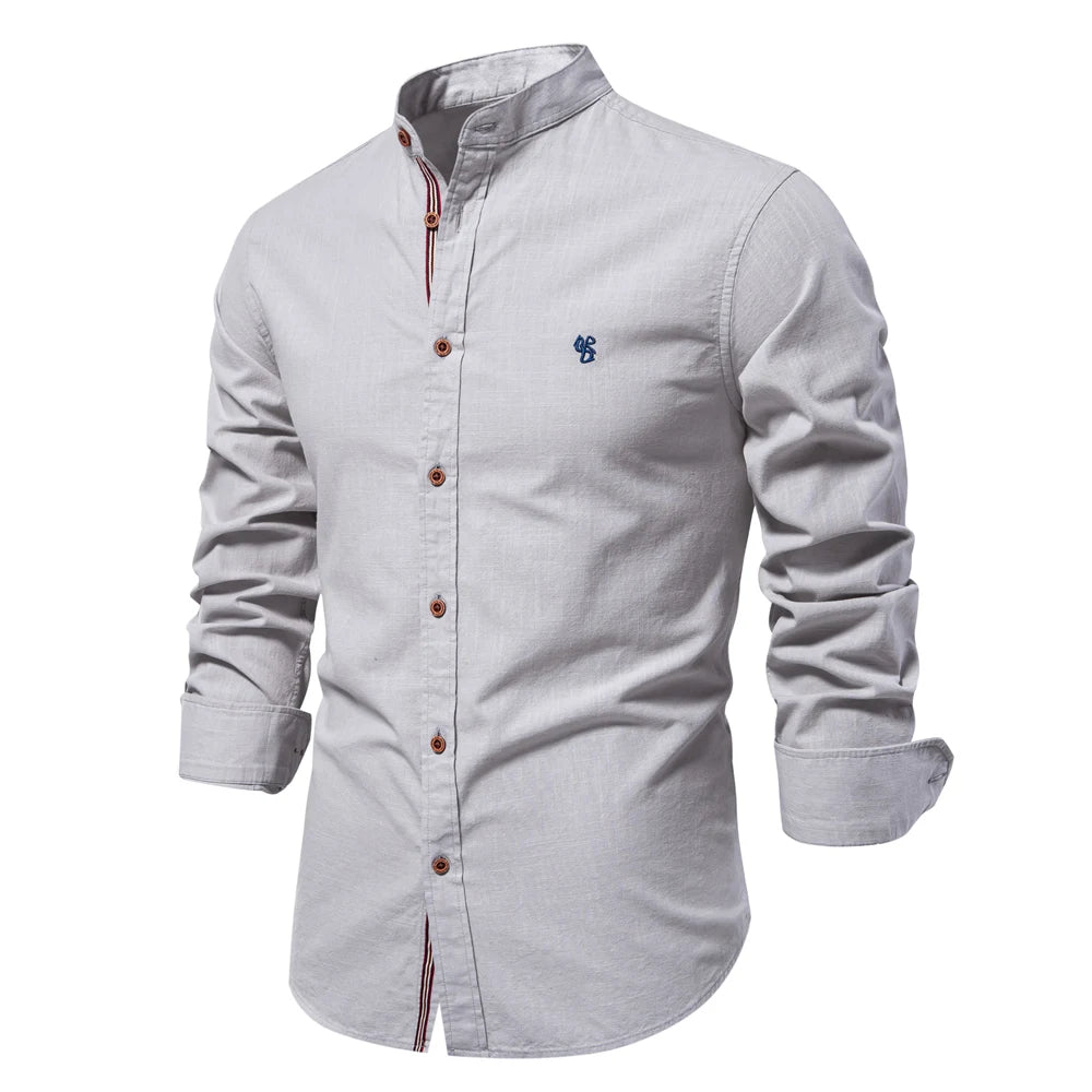 Cotton Social Shirt Men Solid Color Long Sleeve