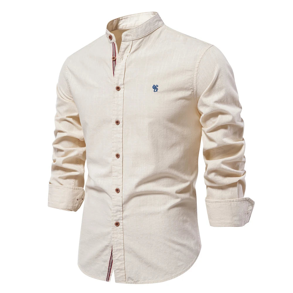 Cotton Social Shirt Men Solid Color Long Sleeve