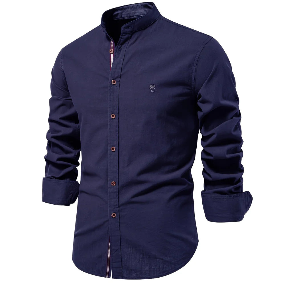 Cotton Social Shirt Men Solid Color Long Sleeve