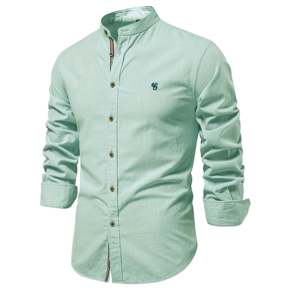 Cotton Social Shirt Men Solid Color Long Sleeve