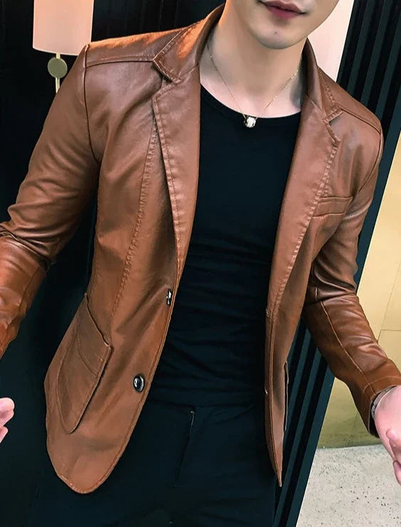 Blazer and Jacket Style Male Leather Blazer Single Breasted Spring Clothes Men's Suit Jackets