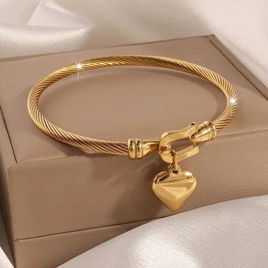Stainless Steel Heart Pendant Charm Bangle Bracelets for Men Women