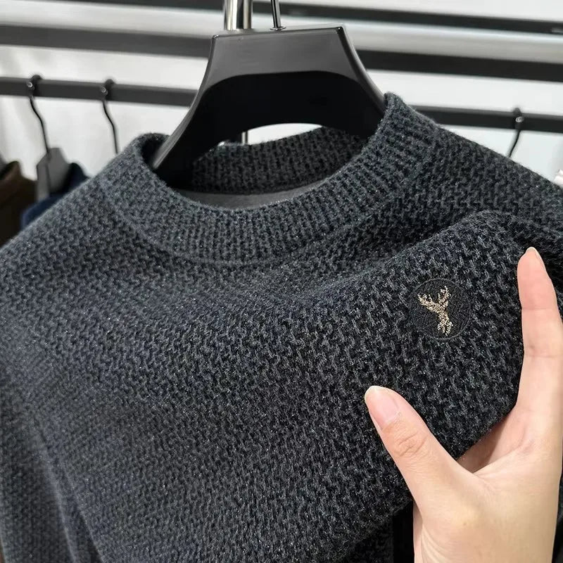 High-end Designer 2024 New Autumn Winter Men's Embroidery Sweater Thickening Fashion Round Neck Plush Velvet Knitwear Pullover