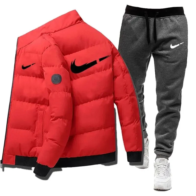 2024 Winter Casual Men's Warm Jacket Set Letter Printed Fashion Jacket + Sweatpants 2-piece Set