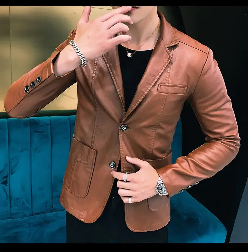 Blazer and Jacket Style Male Leather Blazer Single Breasted Spring Clothes Men's Suit Jackets