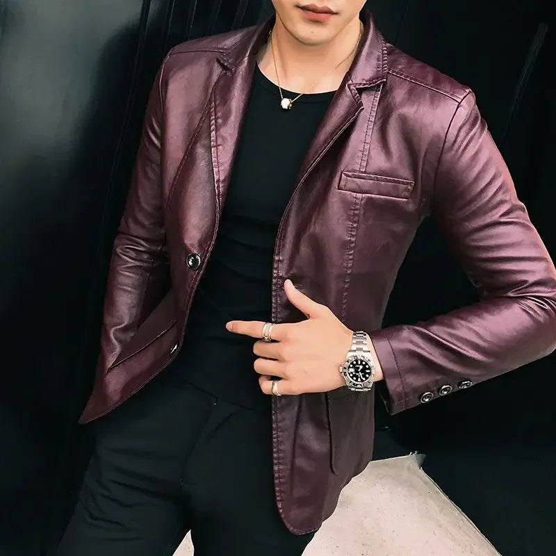 Blazer and Jacket Style Male Leather Blazer Single Breasted Spring Clothes Men's Suit Jackets