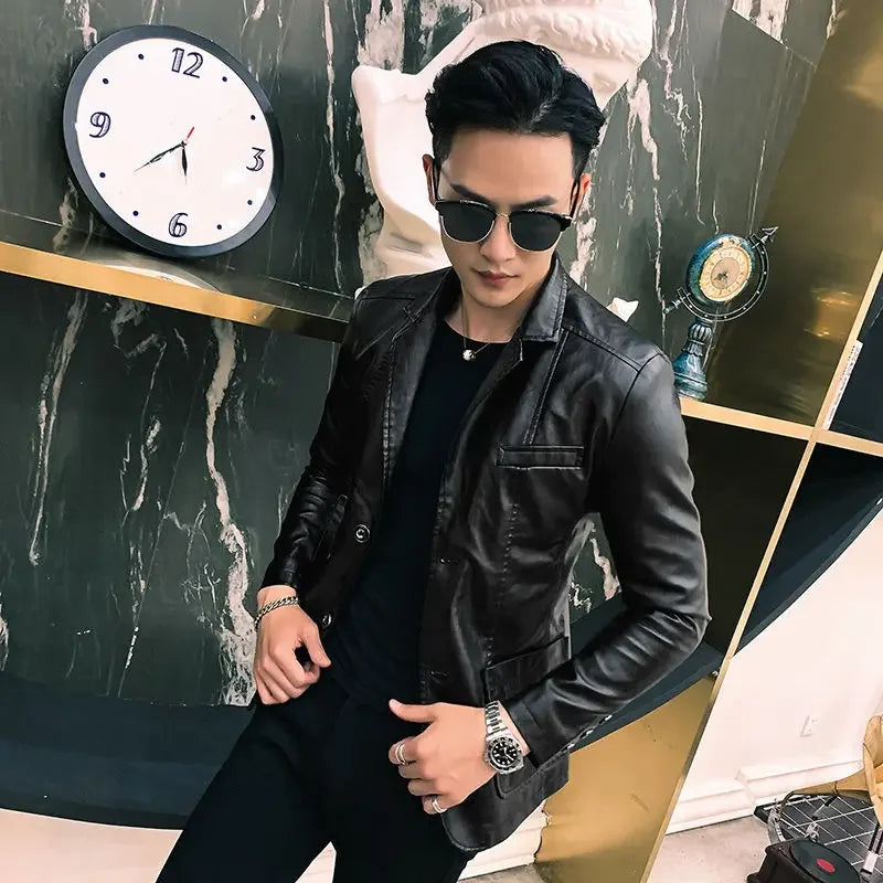 Blazer and Jacket Style Male Leather Blazer Single Breasted Spring Clothes Men's Suit Jackets