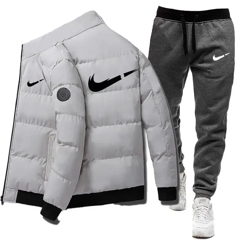 2024 Winter Casual Men's Warm Jacket Set Letter Printed Fashion Jacket + Sweatpants 2-piece Set