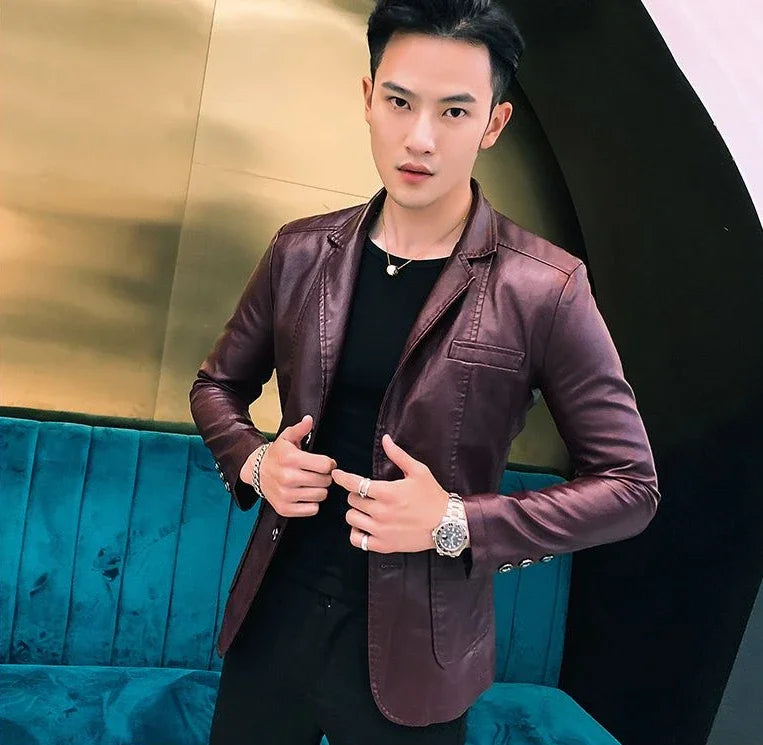 Blazer and Jacket Style Male Leather Blazer Single Breasted Spring Clothes Men's Suit Jackets