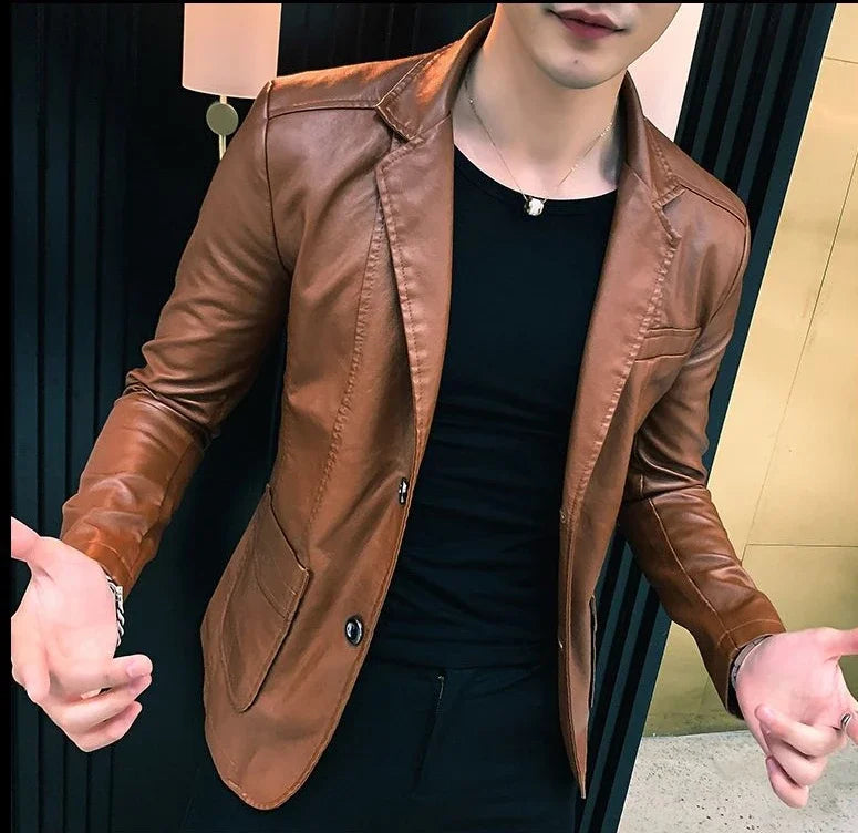 Blazer and Jacket Style Male Leather Blazer Single Breasted Spring Clothes Men's Suit Jackets